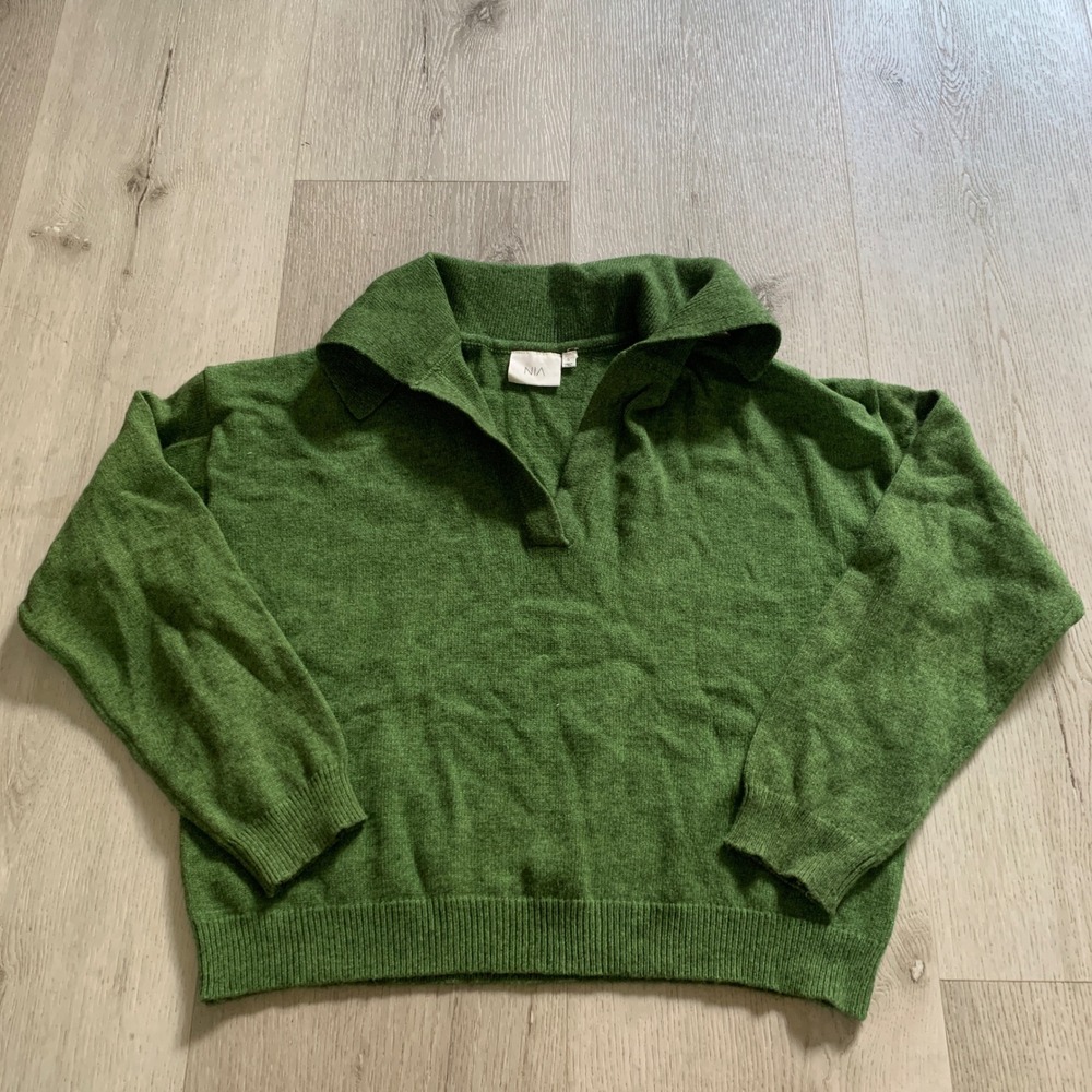 NIA Green Knit‎ Polo Sweater Womens Small NST-667 V-Neck Long Sleeve Pullover